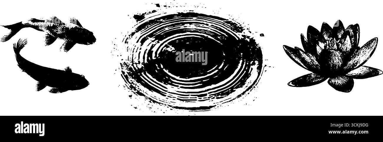 Collection de poissons koi noir et blanc et pochoirs de lotus pour l'art et le design. Illustration de Vecteur