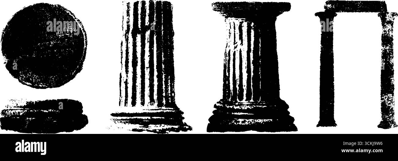 Eléments architecturaux romains anciens dans un ensemble d'art au pochoir noir et blanc. Illustration de Vecteur