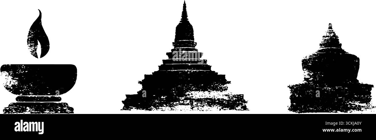 Pochoir noir et blanc avec branches sacrées et silhouettes de bol pour une utilisation design. Illustration de Vecteur