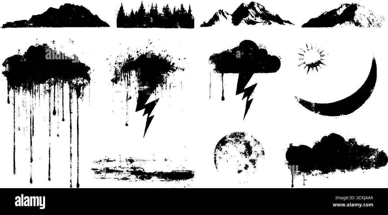Ensemble de pochoirs noir et blanc d'éléments de montagne, de nuage et de météo pour les projets de conception. Illustration de Vecteur Ensemble de pochoirs noir et blanc d'éléments de montagne, de nuage et de météo pour les projets de conception. Illustration de Vecteur