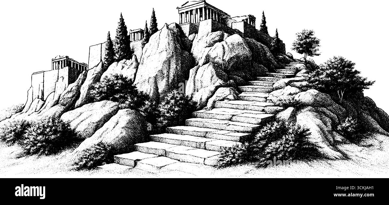 acropole dessinée à la main avec escalier et illustration de chèvre pour la conception historique. Illustration de Vecteur