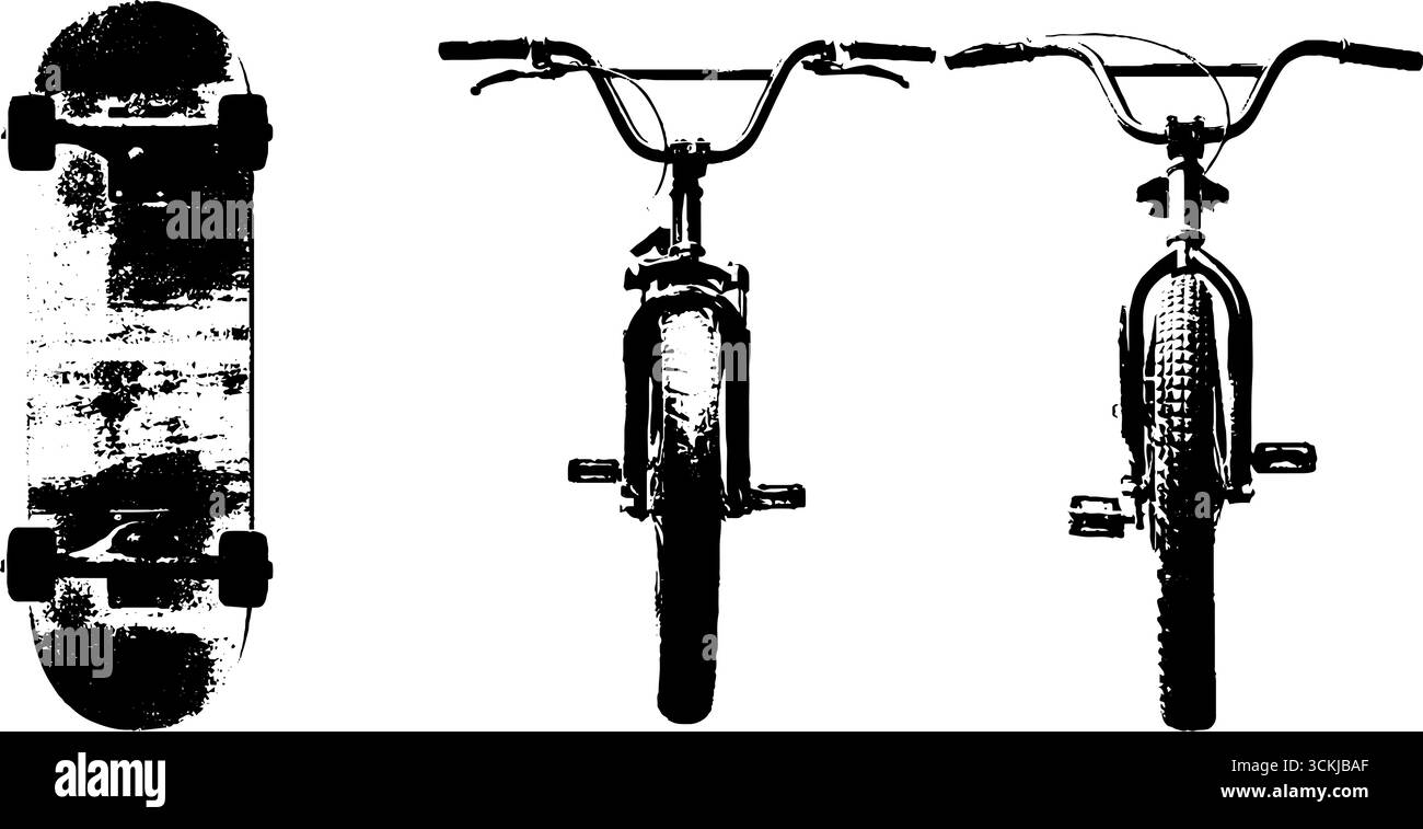 Ensemble d'illustration de pochoir noir et blanc de skateboard et de vélo pour le design urbain. Illustration de Vecteur