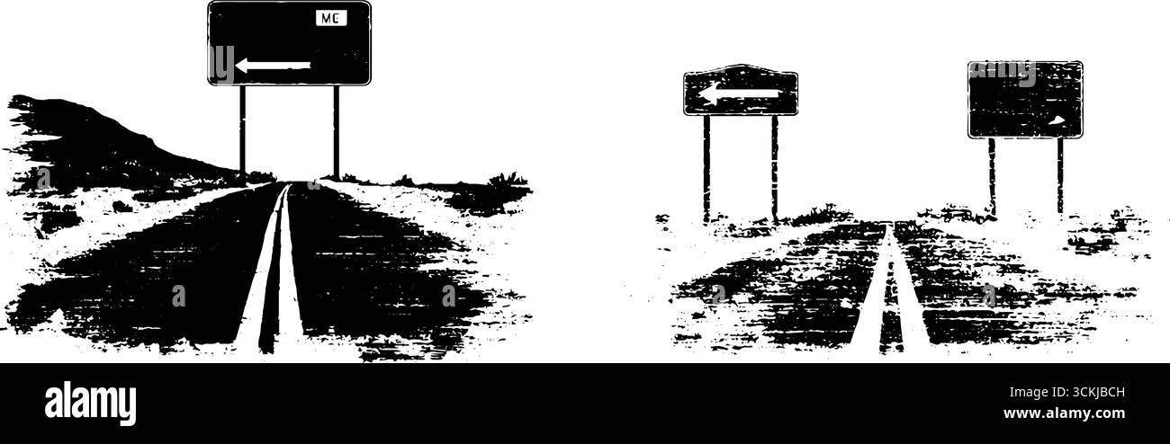 Pochoir de panneaux routiers noir et blanc grungy pour le design urbain et la décoration. Illustration de Vecteur