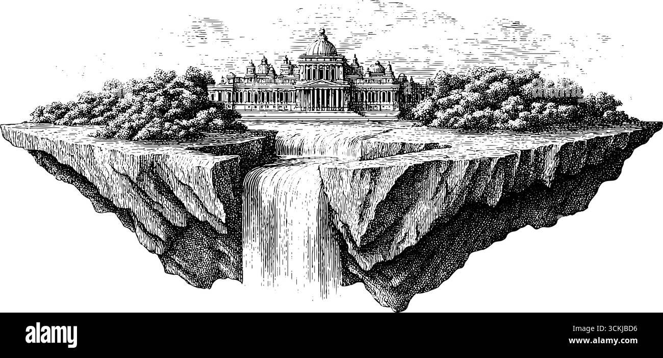 Illustration vintage de palais de cristal s'élevant de l'île flottante avec cascade. Illustration de Vecteur