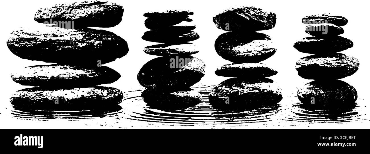 Zen River Stone balance design noir et blanc pochoir pour le thème de la tranquillité. Illustration de Vecteur