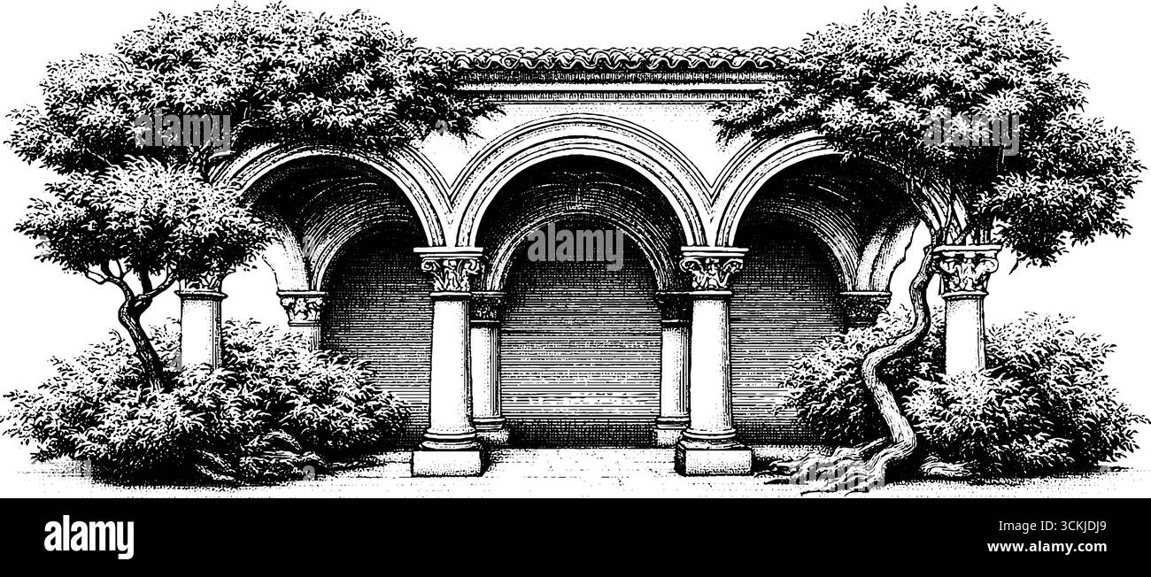 Cour Renaissance ouverte avec des arches en pierre et une végétation luxuriante - design architectural vintage. Illustration de Vecteur