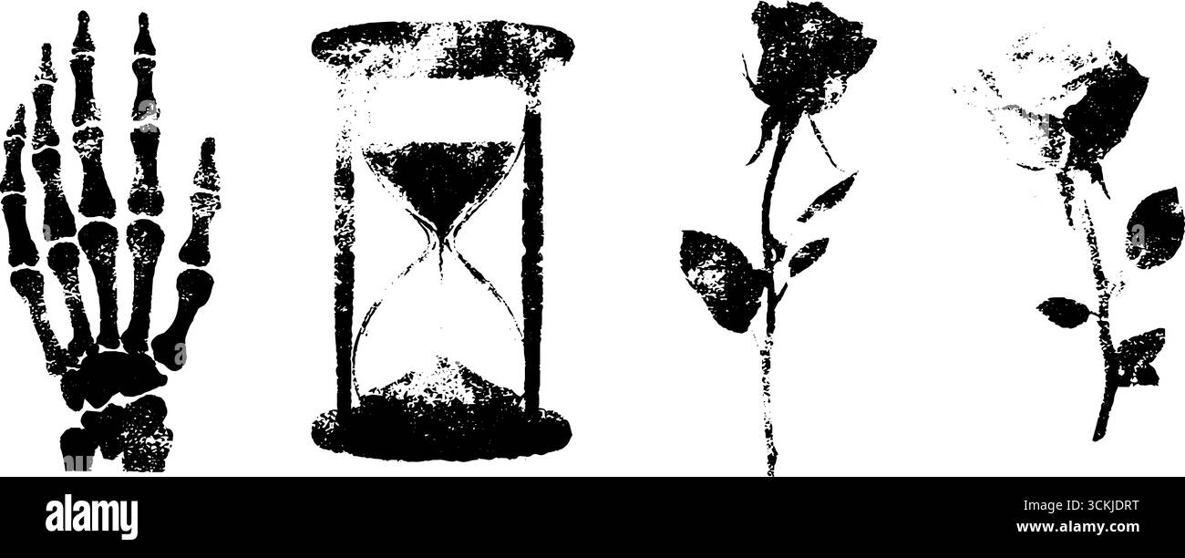 Collection de pochoirs noir et blanc : main squelette, sablier, rose pour les projets d'art et de design. Illustration de Vecteur