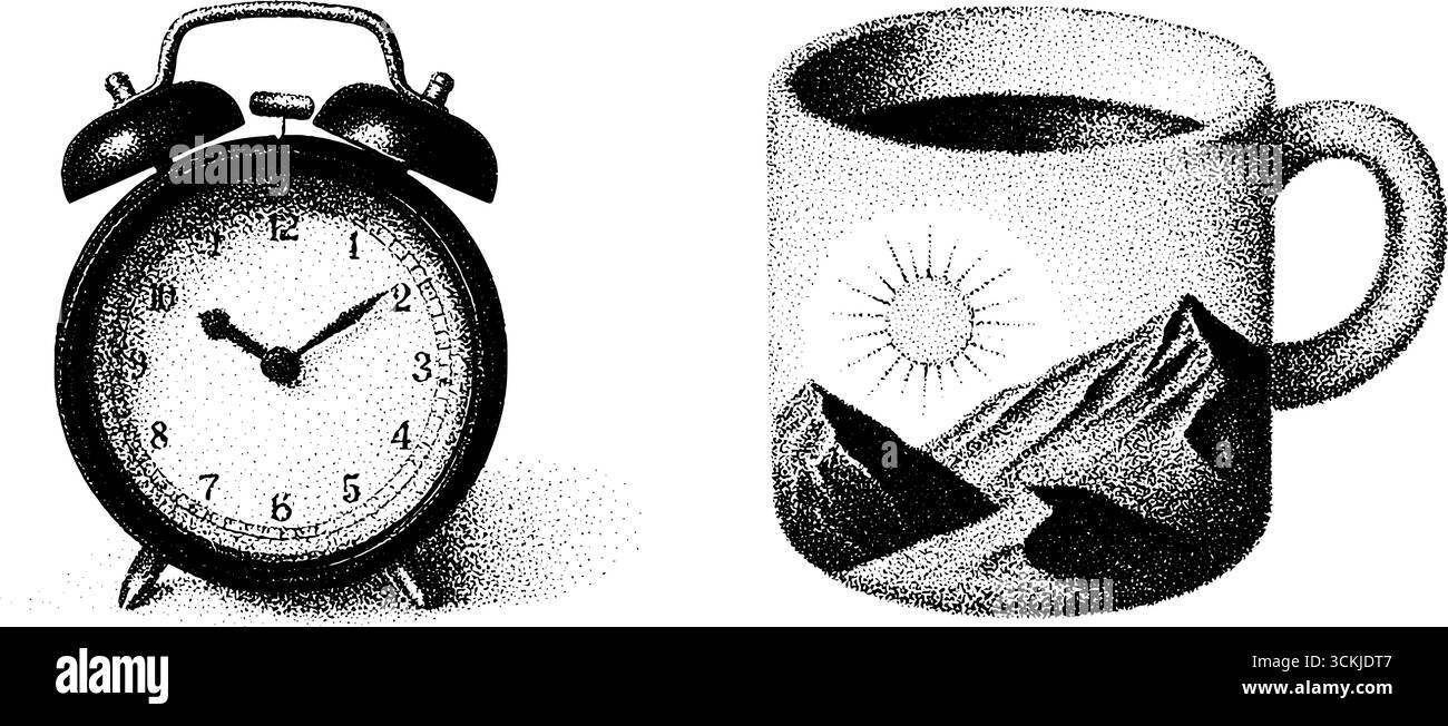 Vibes matinales vintage avec réveil et croquis de tasse à café au lever du soleil. Illustration de Vecteur