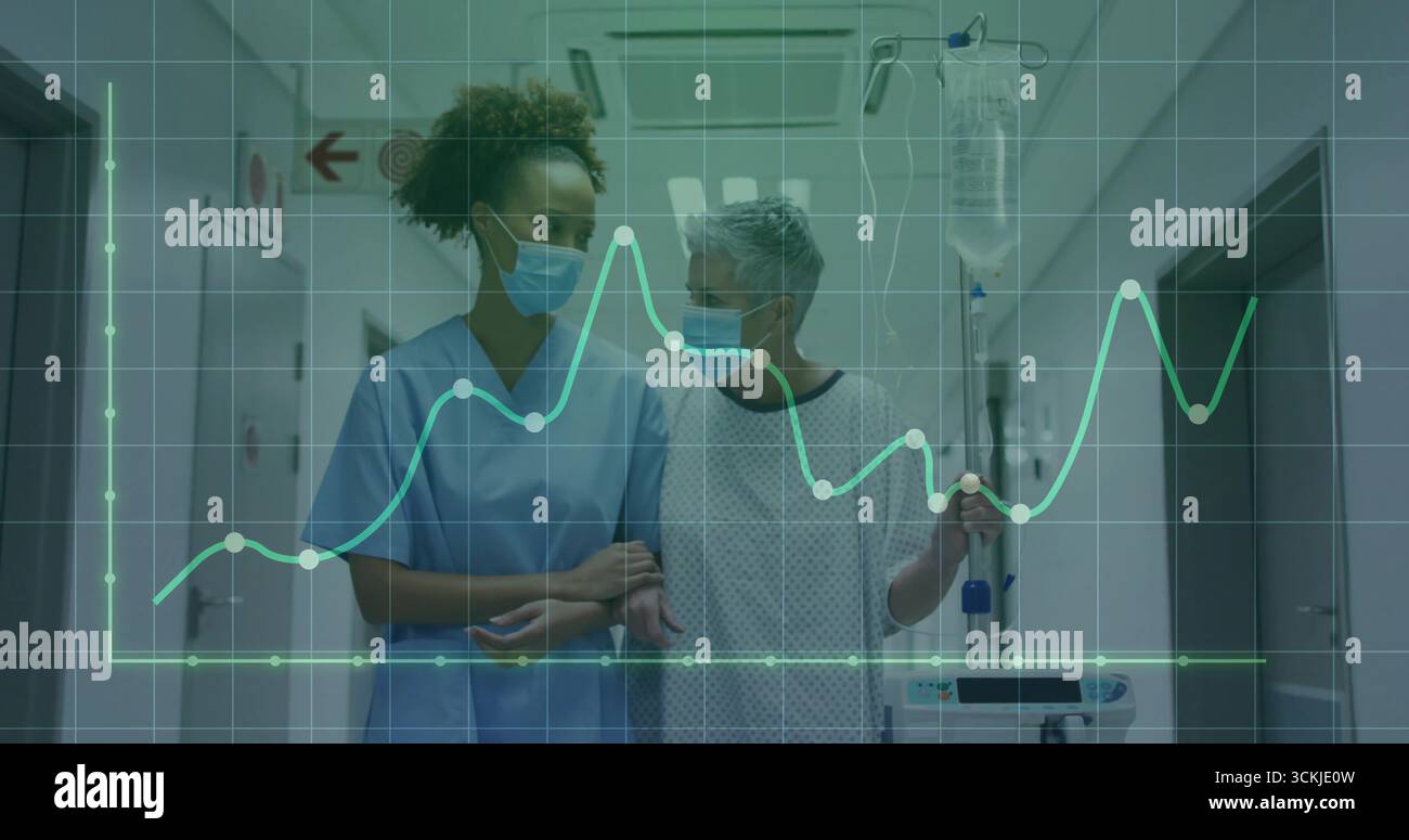 Infirmière guidant portant des gommages bleus pour stabiliser le patient marchant dans le couloir de l'hôpital, potence à perfusion, graphique linéaire Banque D'Images