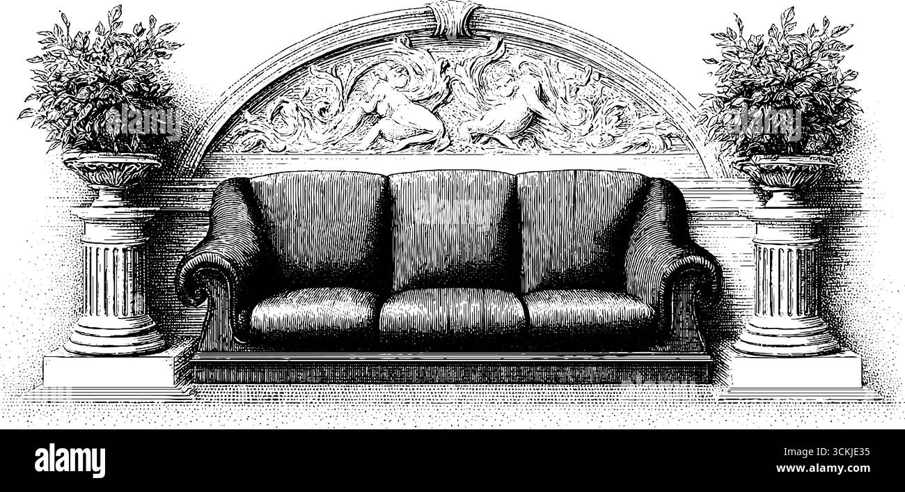 Salle à manger romaine vintage avec canapés inclinables et fresque - scène artistique gravée pour un design rétro. Illustration de Vecteur