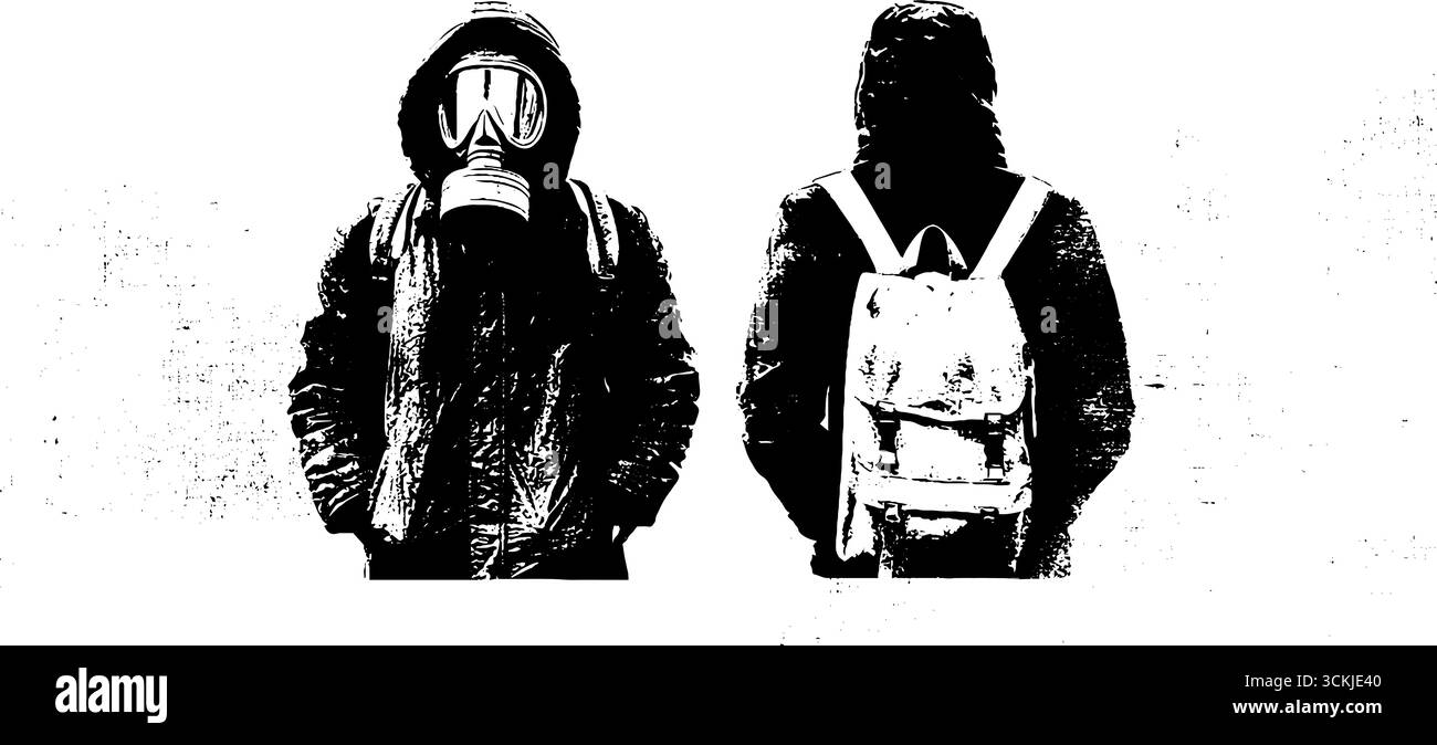 Ensemble urbain d'art au pochoir noir et blanc avec figurines à capuche et masque à gaz. Illustration de Vecteur