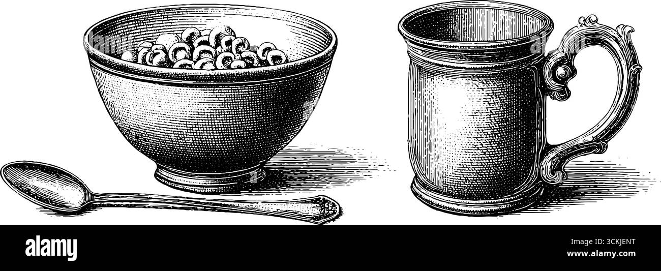 Scène de petit déjeuner vintage avec bol de céréales, cuillère et illustration de tasse ornée. Illustration de Vecteur