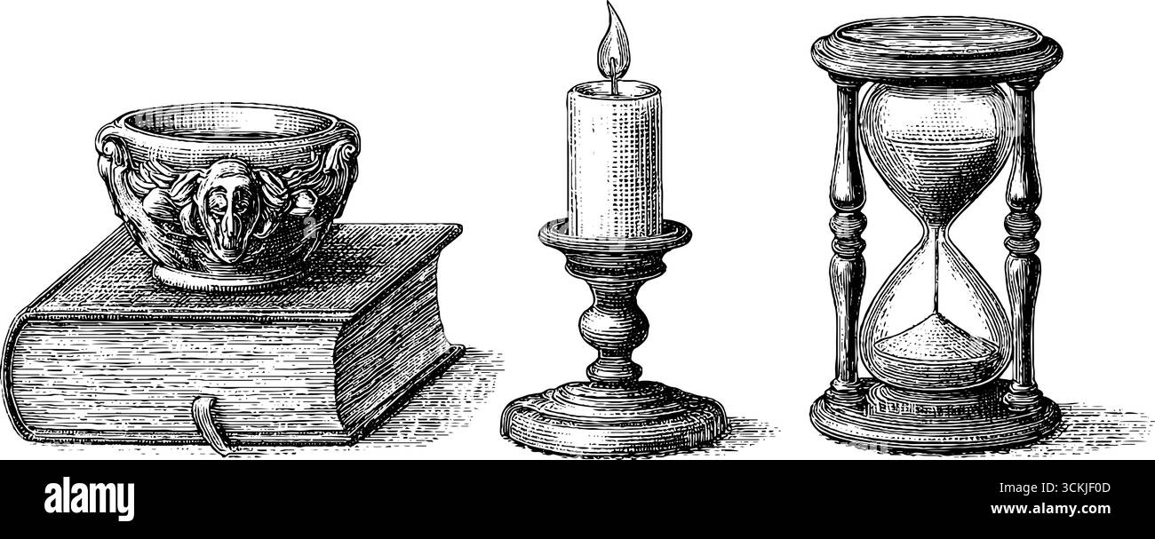 Croquis de dotwork vintage de livre, bougie et sablier pour la conception rétro de tatouage. Illustration de Vecteur