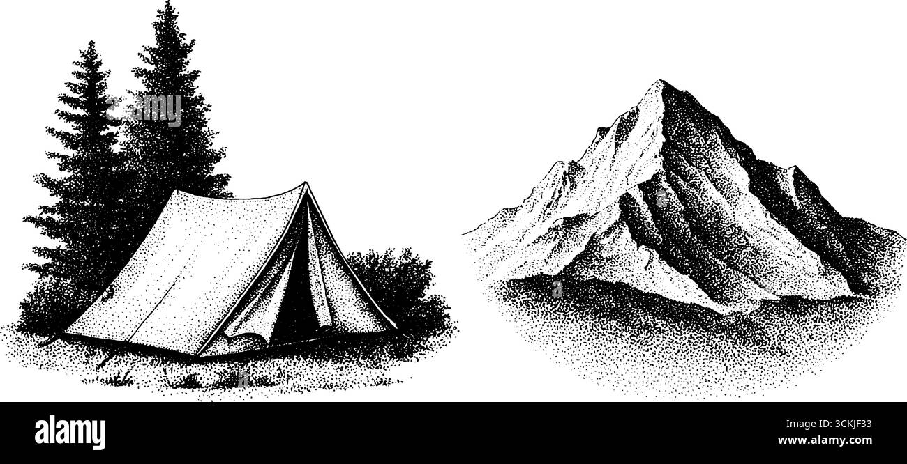Scène de camping vintage avec tente, sac à dos et silhouette de montagne pour la conception d'aventure en plein air. Illustration de Vecteur