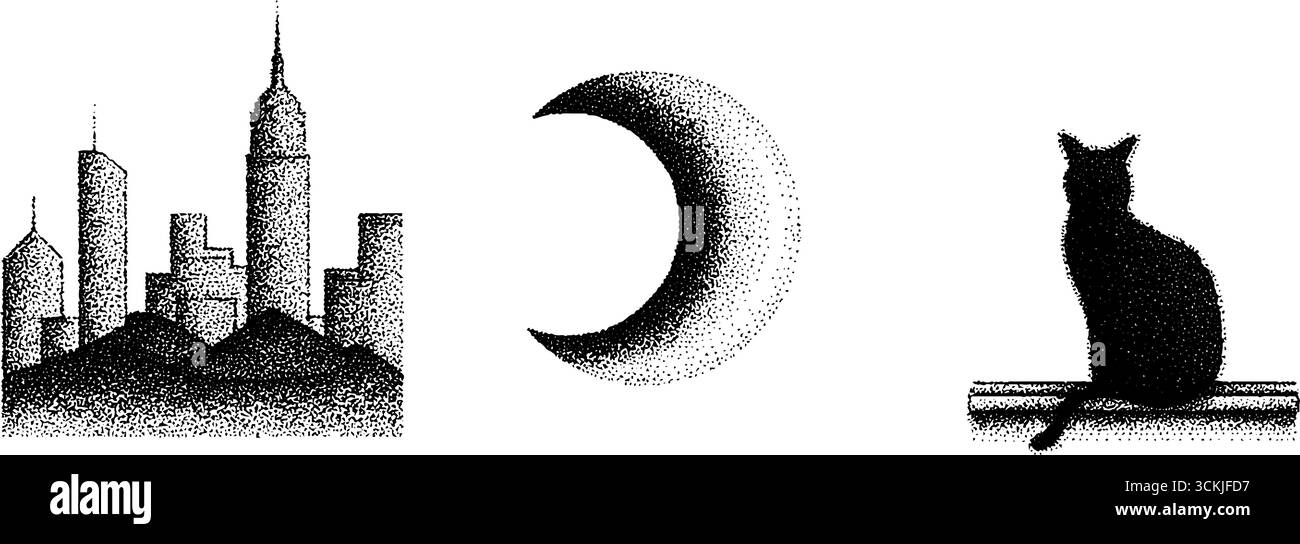 Horizon urbain vintage avec croissant de lune et silhouette de chat sur le toit pour un design nocturne urbain. Illustration de Vecteur