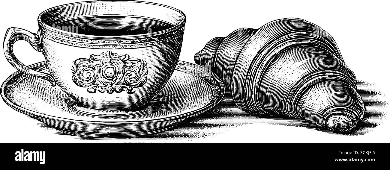 Tasse à café vintage et croquis de croissants avec vapeur tourbillonnante pour un design culinaire. Illustration de Vecteur