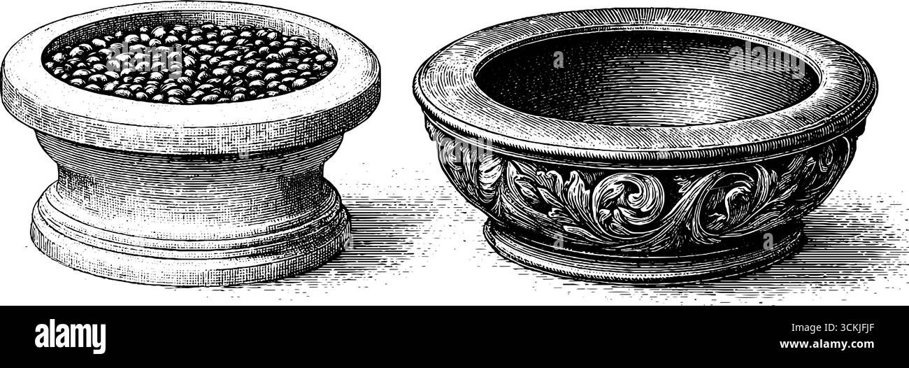 Gravure vintage dessinée à la main de bols décoratifs avec un design ornemental. Illustration de Vecteur