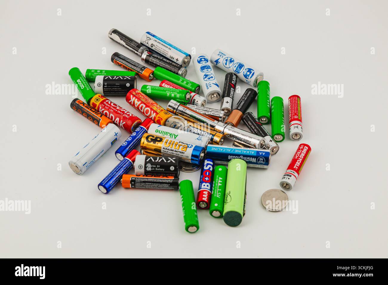 Ukraine Lviv 15.08.25 Une variété de batteries de différentes tailles et couleurs sont dispersées sur une surface blanche à côté d'une pièce de monnaie pour l'échelle, la mise en valeur Banque D'Images