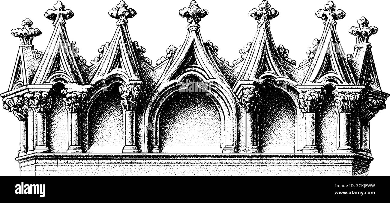 Architecture gothique : contrefort volant soutenant le mur de la cathédrale en croquis vintage. Illustration de Vecteur