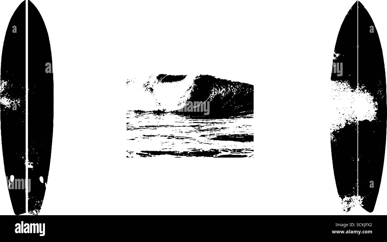 Set de planche de surf noir et blanc et pochoir vague pour les projets d'art urbain et de design. Illustration de Vecteur