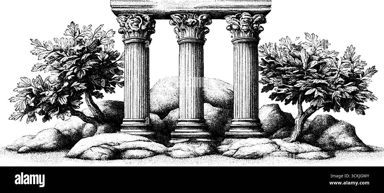 Ruines de forum romain avec colonnes cassées et figuier - illustration vintage dessinée à la main. Illustration de Vecteur