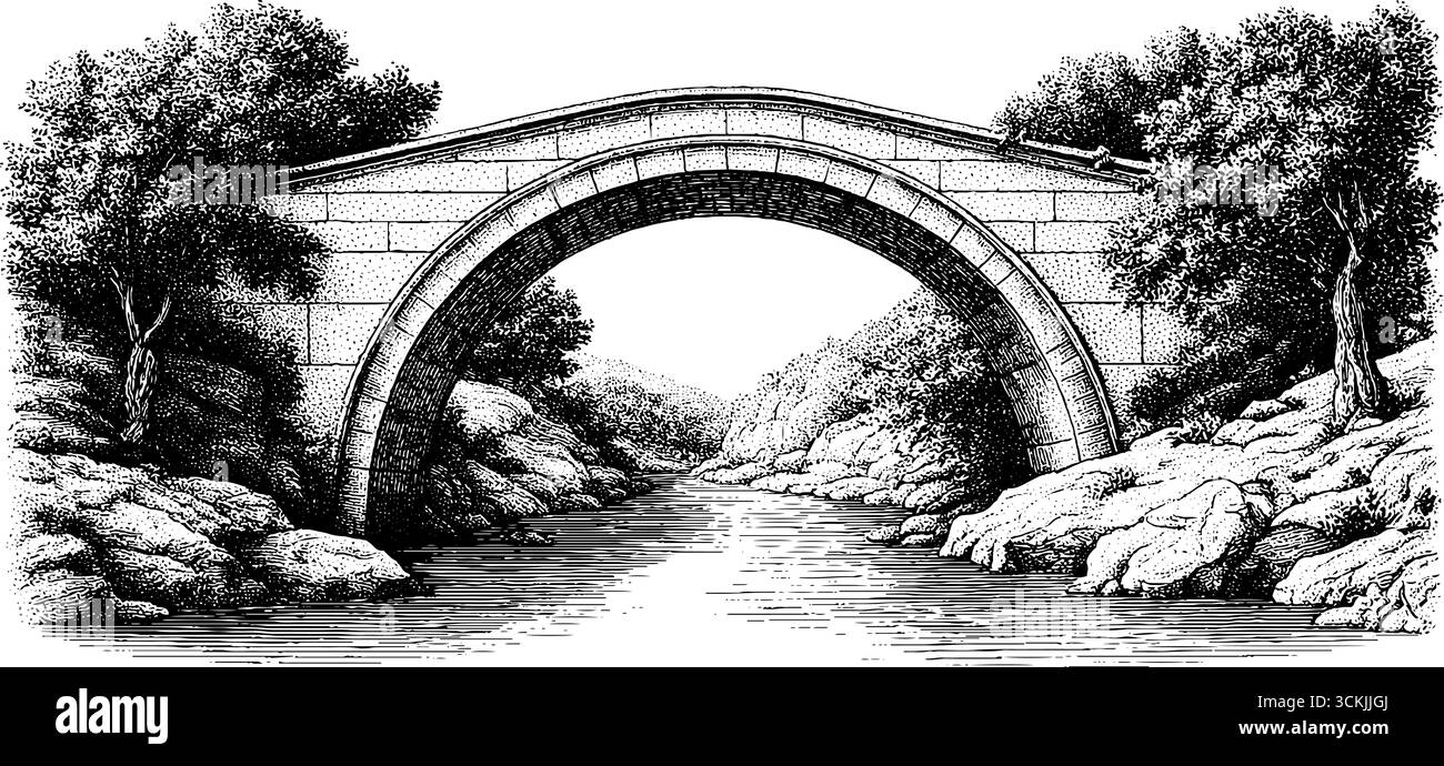 Pont en pierre voûtée vintage sur la rivière calme avec illustration de silhouette de lierre. Illustration de Vecteur