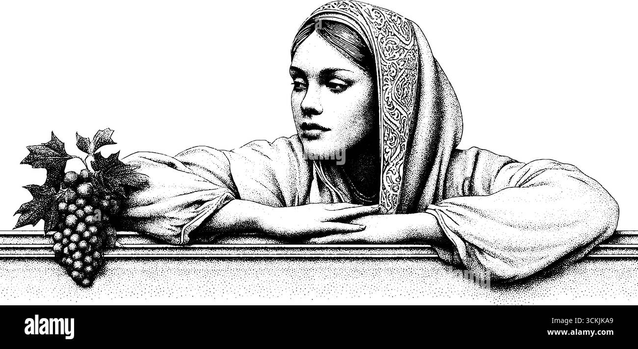 Noble Renaissance dans la pensée au balcon avec gravure de motifs de raisins. Illustration de Vecteur