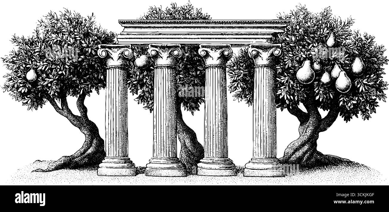 Ruines romaines antiques du forum avec figuier et colonnes cassées - croquis vintage pour les impressions décoratives. Illustration de Vecteur