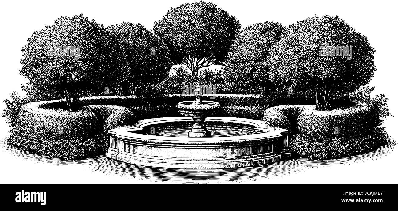 Croquis de jardin romain vintage avec haies taillées et illustration de fontaine centrale. Illustration de Vecteur