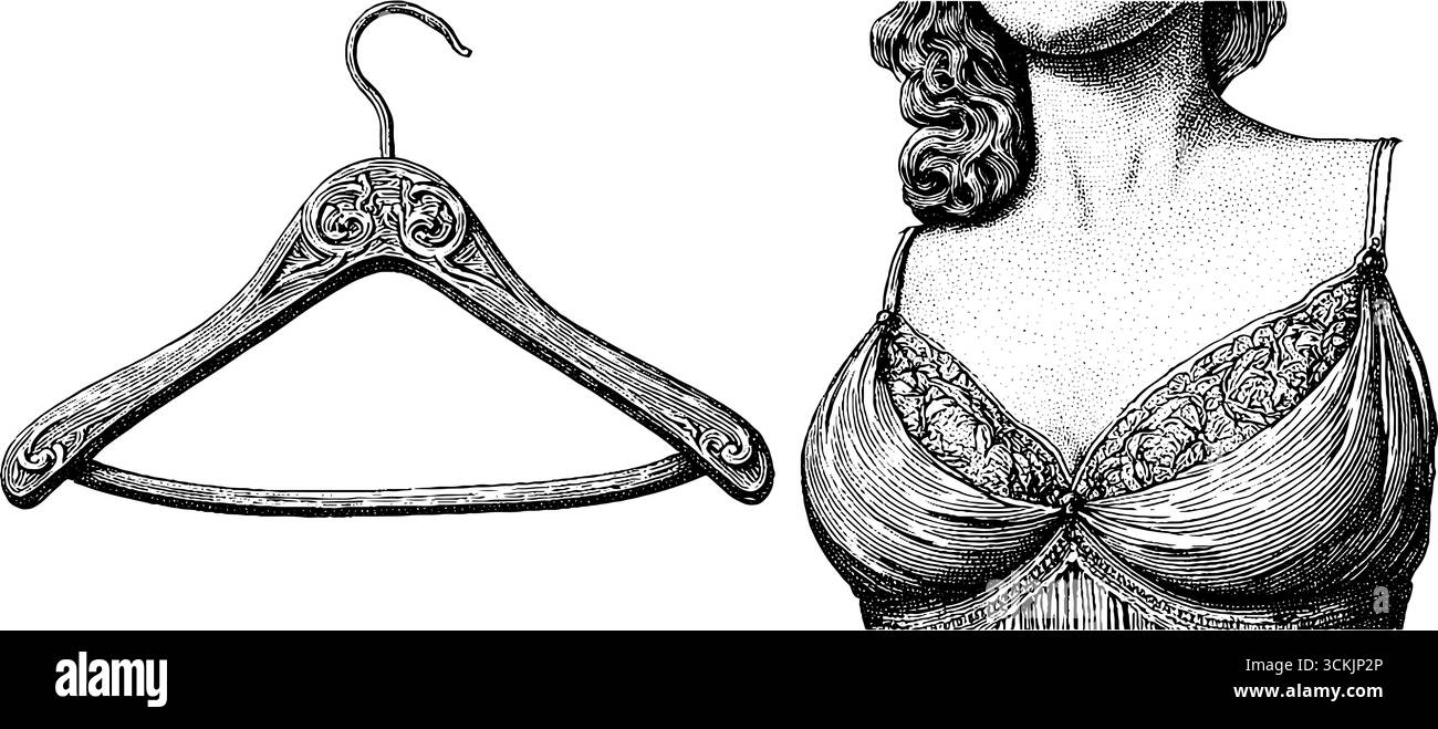 Gravure de mode vintage de robe et cintre avec étiquette de prix pour le design rétro. Illustration de Vecteur
