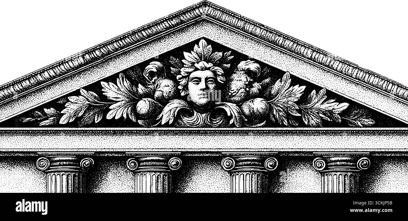 Toit de temple vintage dessiné à la main avec acroteria et silhouette de frise de marbre sculpté. Illustration de Vecteur