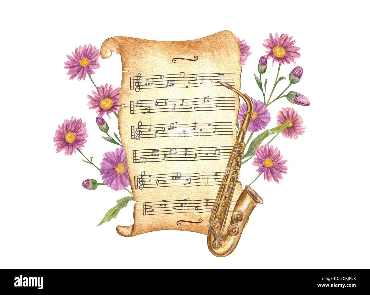 Saxophone vintage et rouleau de papier jauni vieilli, et illustration aquarelle de fleurs violettes florissantes d'automne sur fond isolé. Banque D'Images