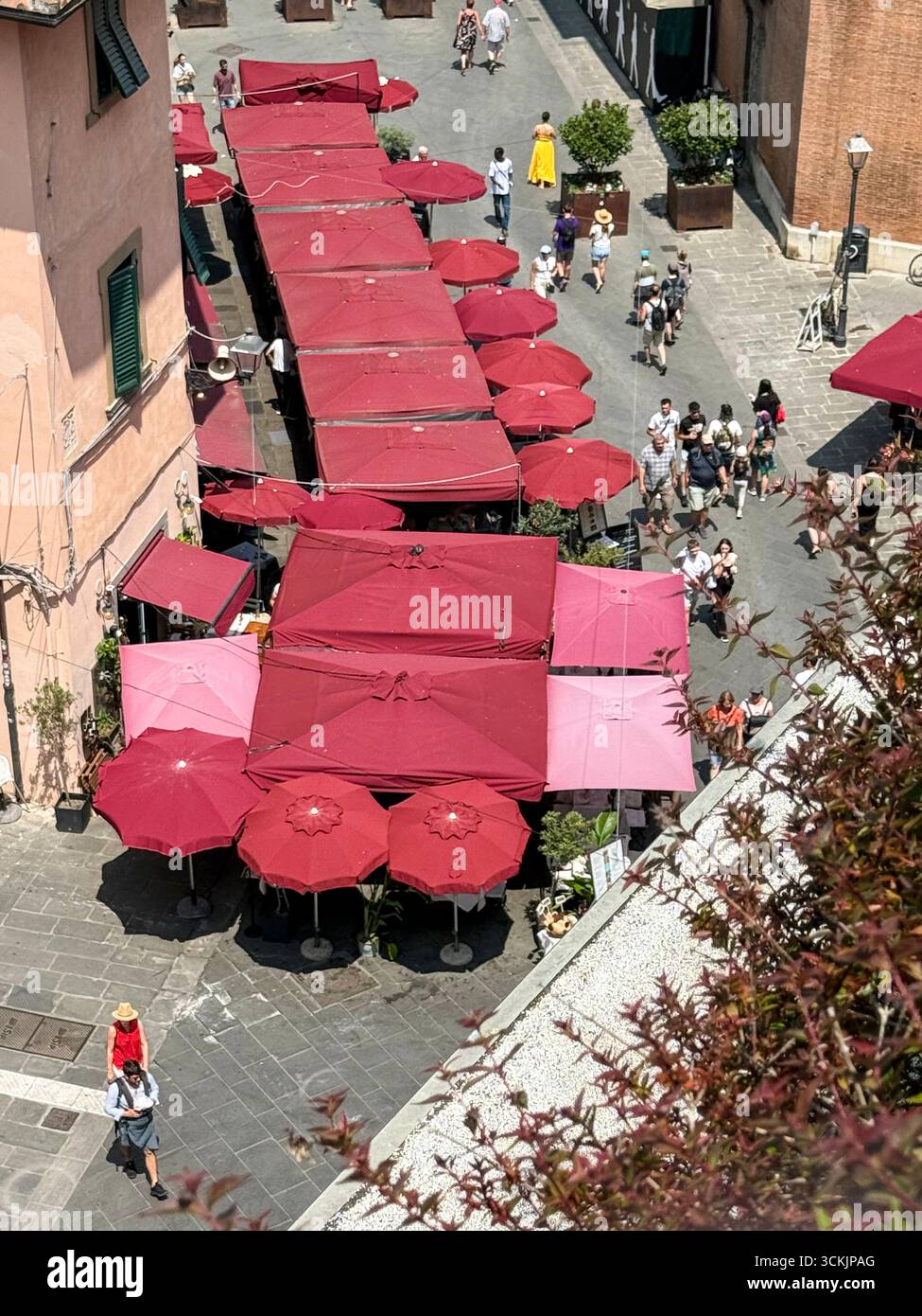 Vue élevée sur la longue rue, via Santa Marie est un repaire populaire auprès des touristes pour ses restaurants en plein air et boutiques de cadeaux à Pise dans la région Toscane o Banque D'Images