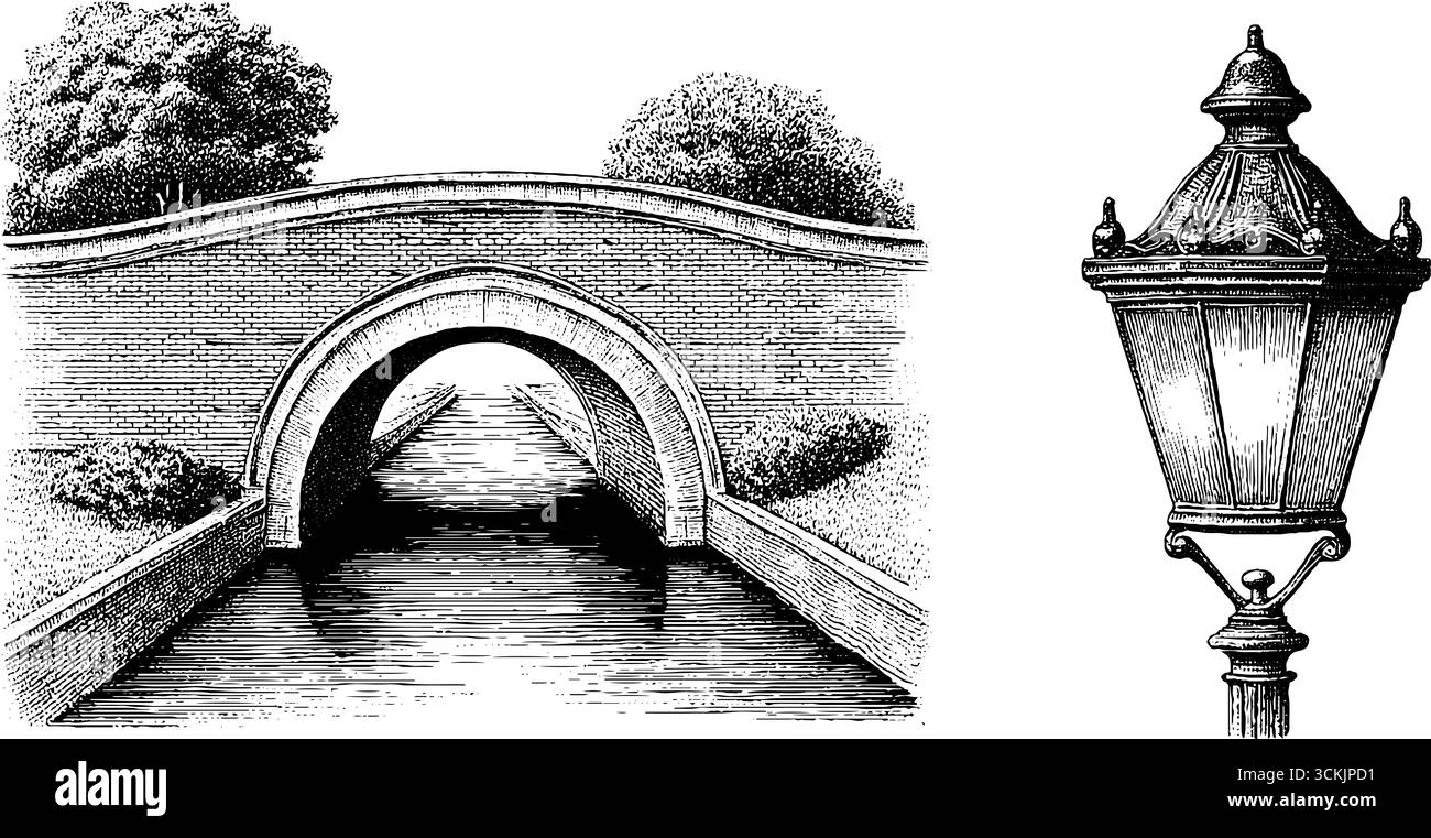 Arc de pont vintage et croquis de lampadaire pour un design rétro. Illustration de Vecteur