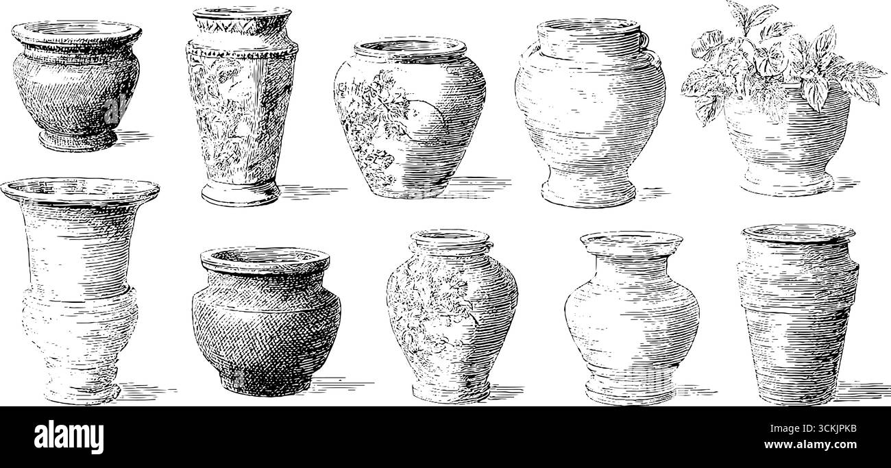 Gravure vintage en noir et blanc de la collection de vases d'inspiration africaine pour le design décoratif. Illustration de Vecteur