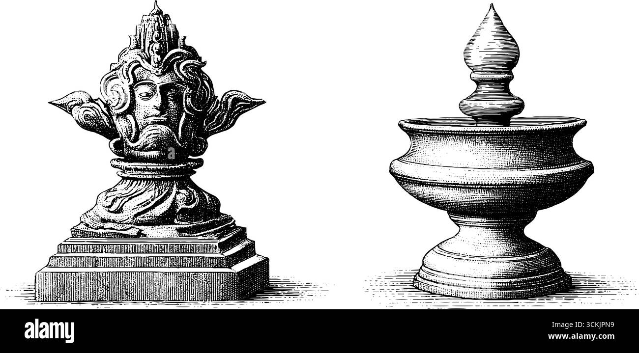 Idoles sculptées ornées sur le socle et le porte-torche dans un design de gravure vintage. Illustration de Vecteur