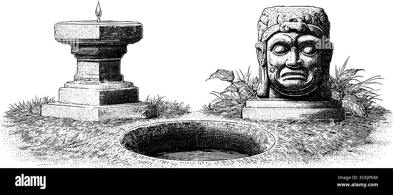 Ancienne idole sculptée et piédestal avec support de torche dans le style vintage dessiné à la main. Illustration de Vecteur