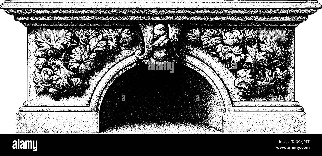 Détail architectural en grès sculpté vintage dessiné à la main avec ornementation florale complexe. Illustration de Vecteur