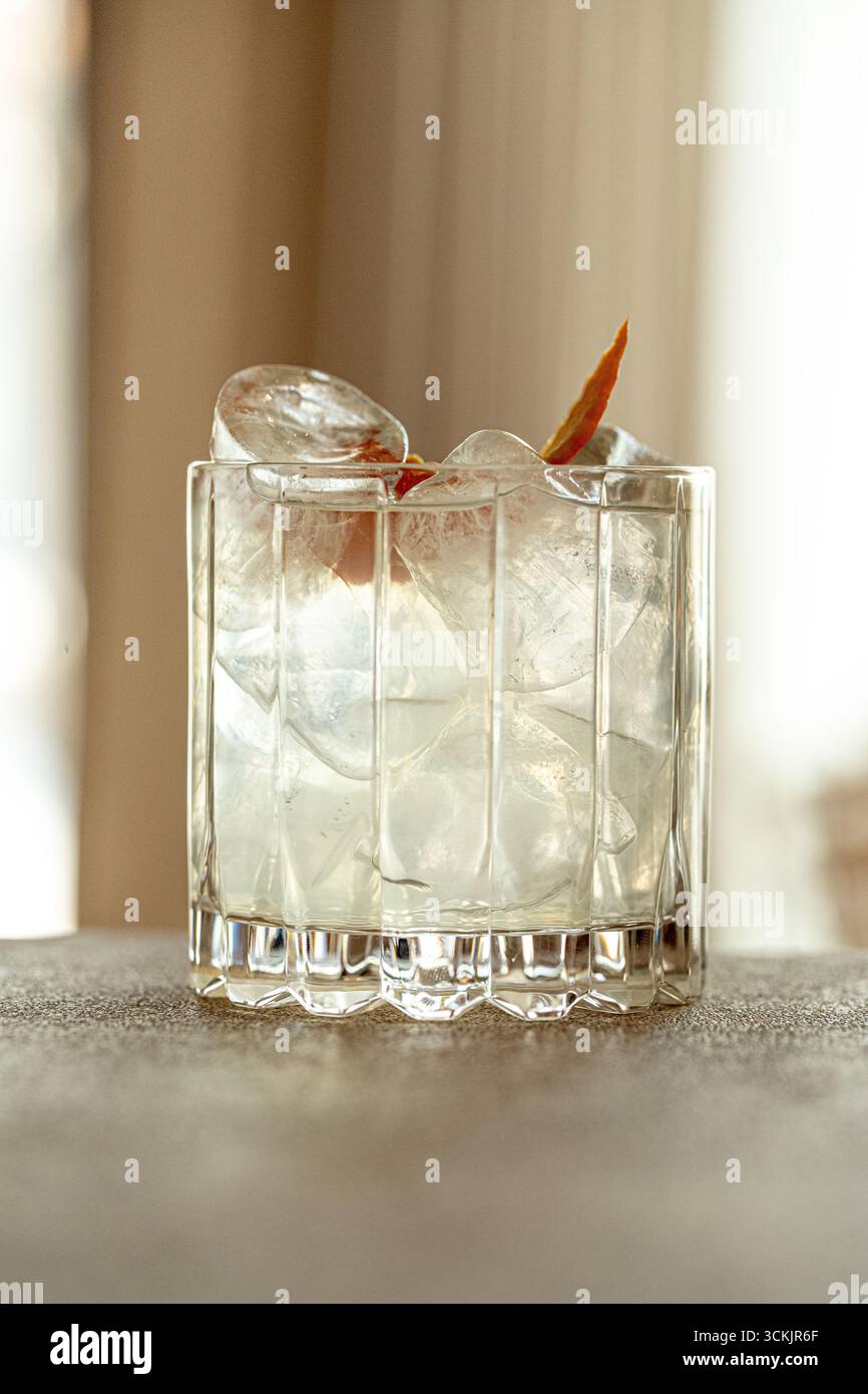 Gin et cocktail tonique avec glace dans un verre à facettes Banque D'Images