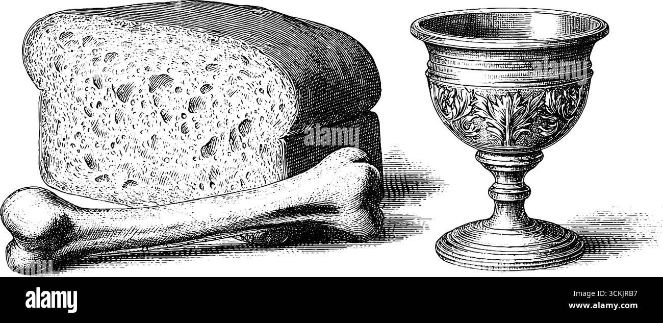 Nourriture vintage nature morte avec pain, os de viande et gobelet orné pour des motifs culinaires rétro. Illustration de Vecteur