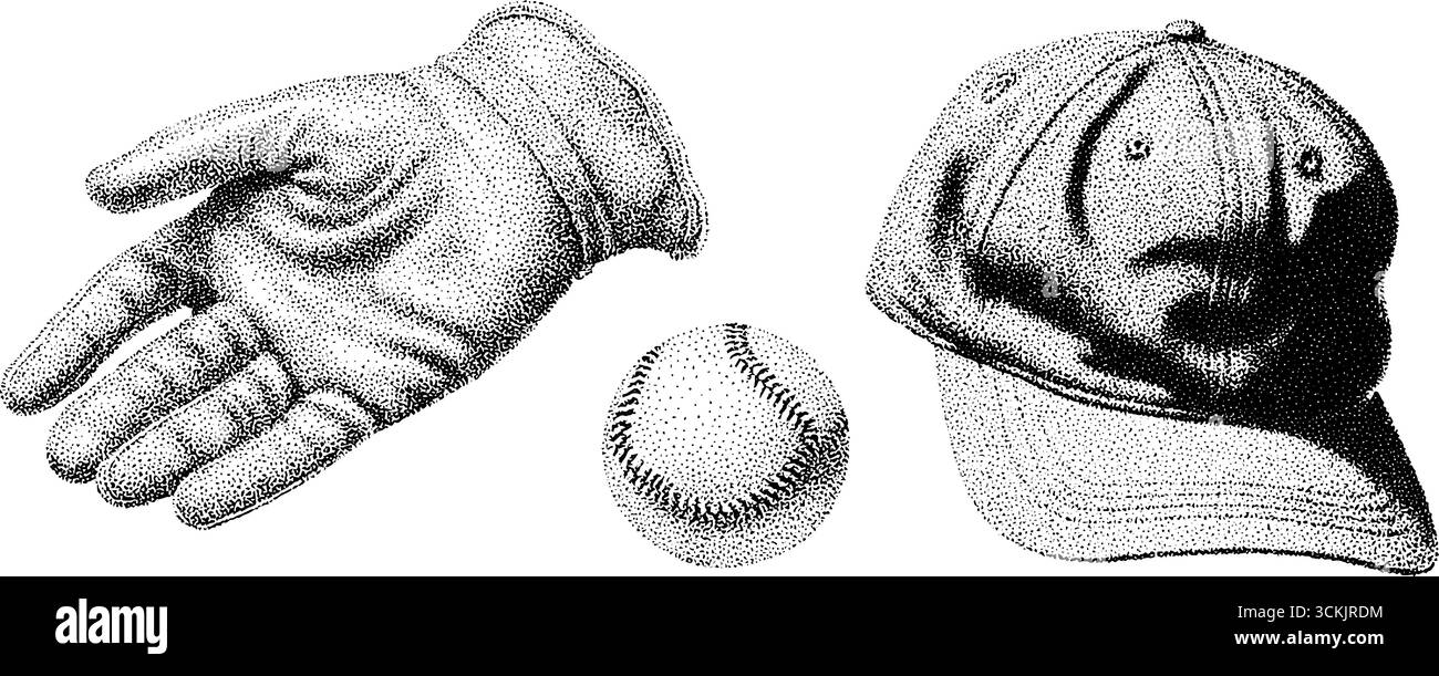Gant de baseball vintage, balle, et conception de dotwork de casquette pour tatouage ou impression rétro. Illustration de Vecteur