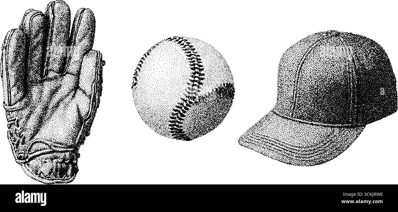 Croquis d'équipement de baseball vintage : conception de gants, de balles et de casquettes de tatouage pour les amateurs de sports rétro. Illustration de Vecteur