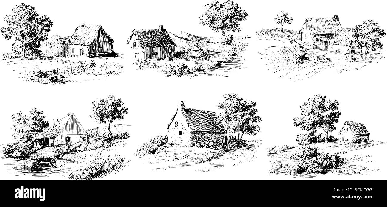 Gravure vintage en noir et blanc de maisons de campagne et d'arbres. Illustration de Vecteur