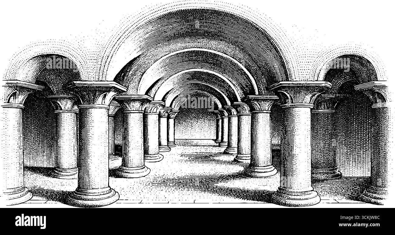 Croquis architectural vintage de couloir de plafond voûté avec plancher à motifs. Illustration de Vecteur