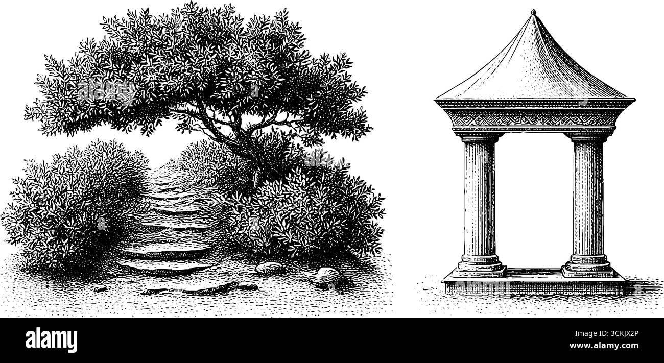 Chemin vintage dessiné à la main avec des murs penchés et des éléments tissés pour la conception artistique. Illustration de Vecteur