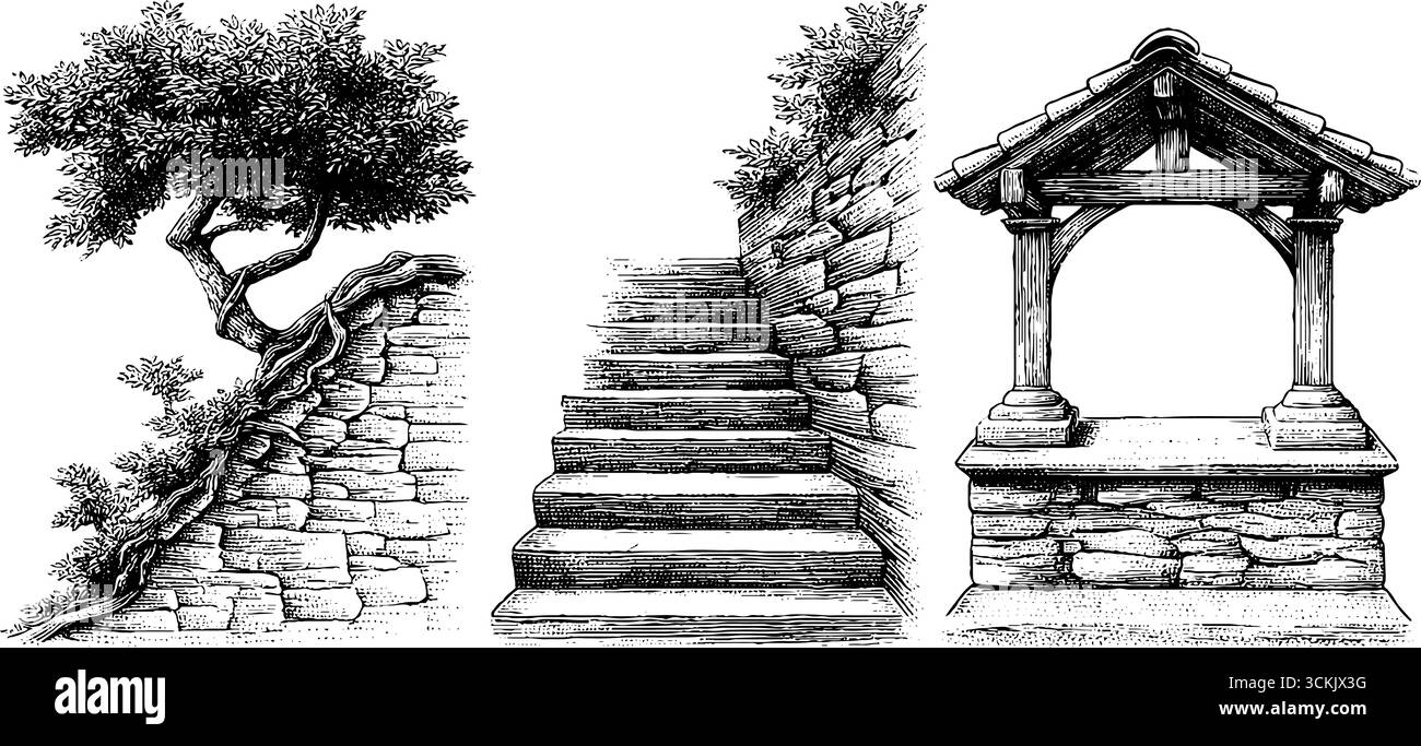 Illustration gravée dessinée à la main vintage de chemin étroit avec mur penché et arbre. Illustration de Vecteur