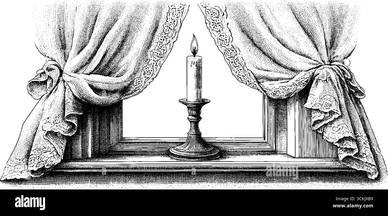 Fenêtre ouverte vintage dessinée à la main avec des rideaux de bougie et de dentelle pour la décoration intérieure. Illustration de Vecteur