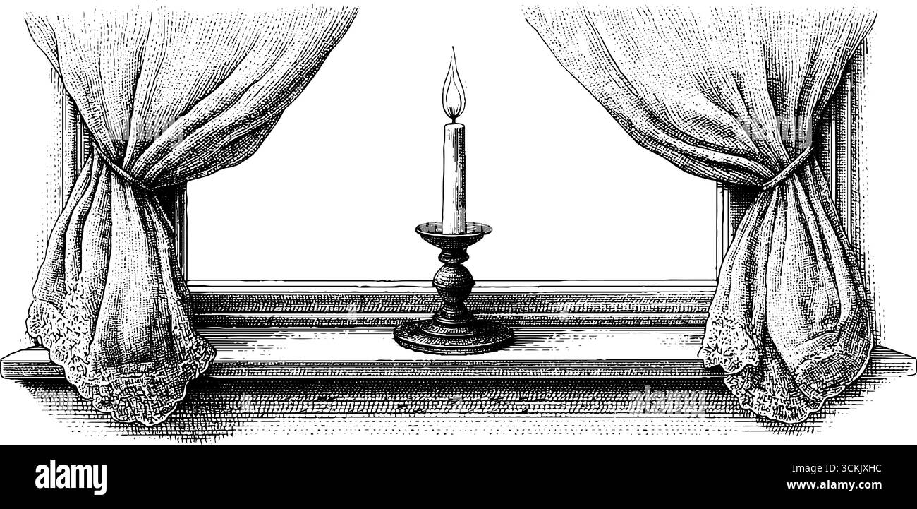 Fenêtre ouverte vintage dessinée à la main avec gravure de rideaux de bougie et de dentelle. Illustration de Vecteur