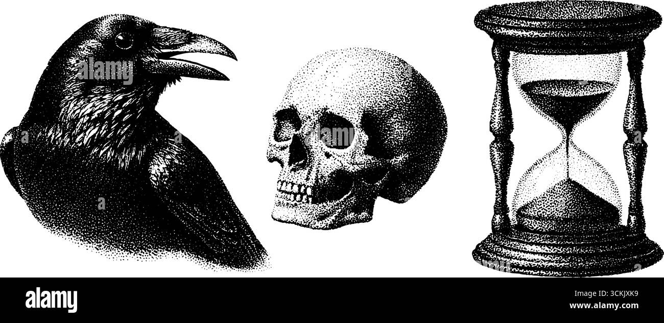 Mystérieux corbeau, lune, et sablier maquette pour la conception de tatouage. Illustration de Vecteur