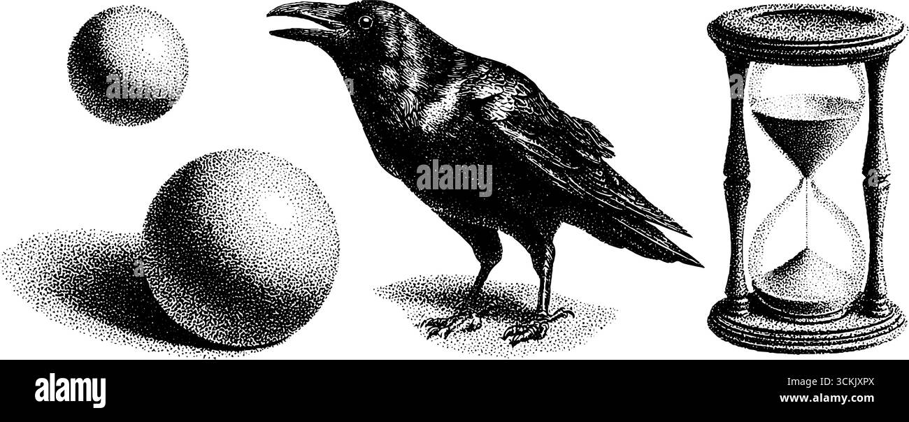 Motif de dotwork complexe avec corbeau, lune et sablier pour tatouage compris Illustration de Vecteur